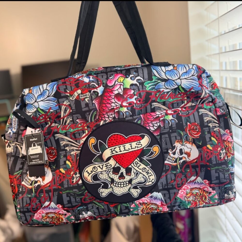 Ed Hardy Extra Large Nylon Duffle Bag/Travel Bag Love Kills Slowly